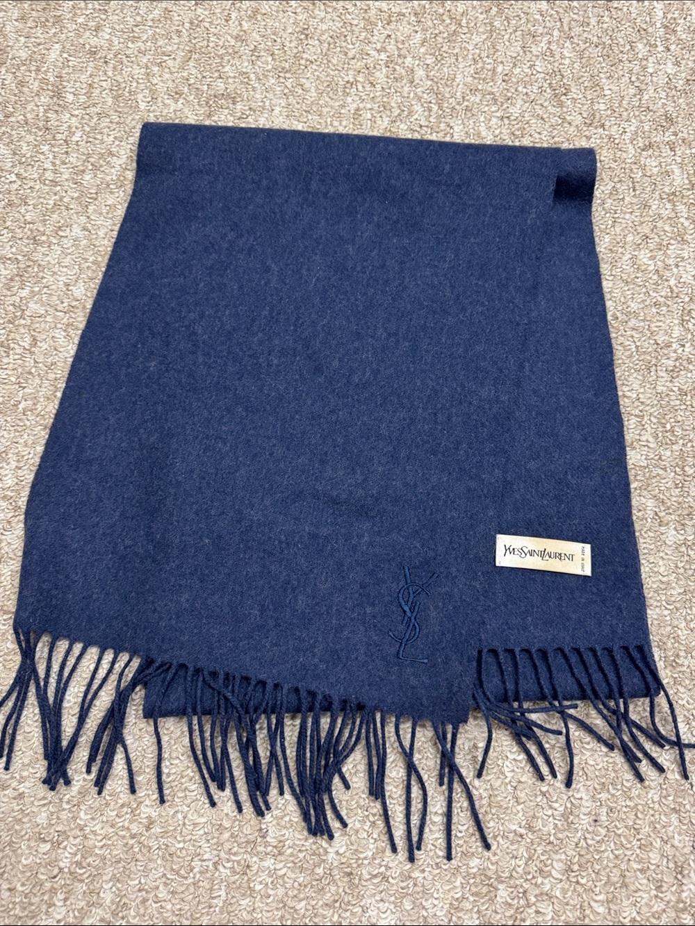 Yves Saint Laurent Deep Blue Wool Fringe Scarf